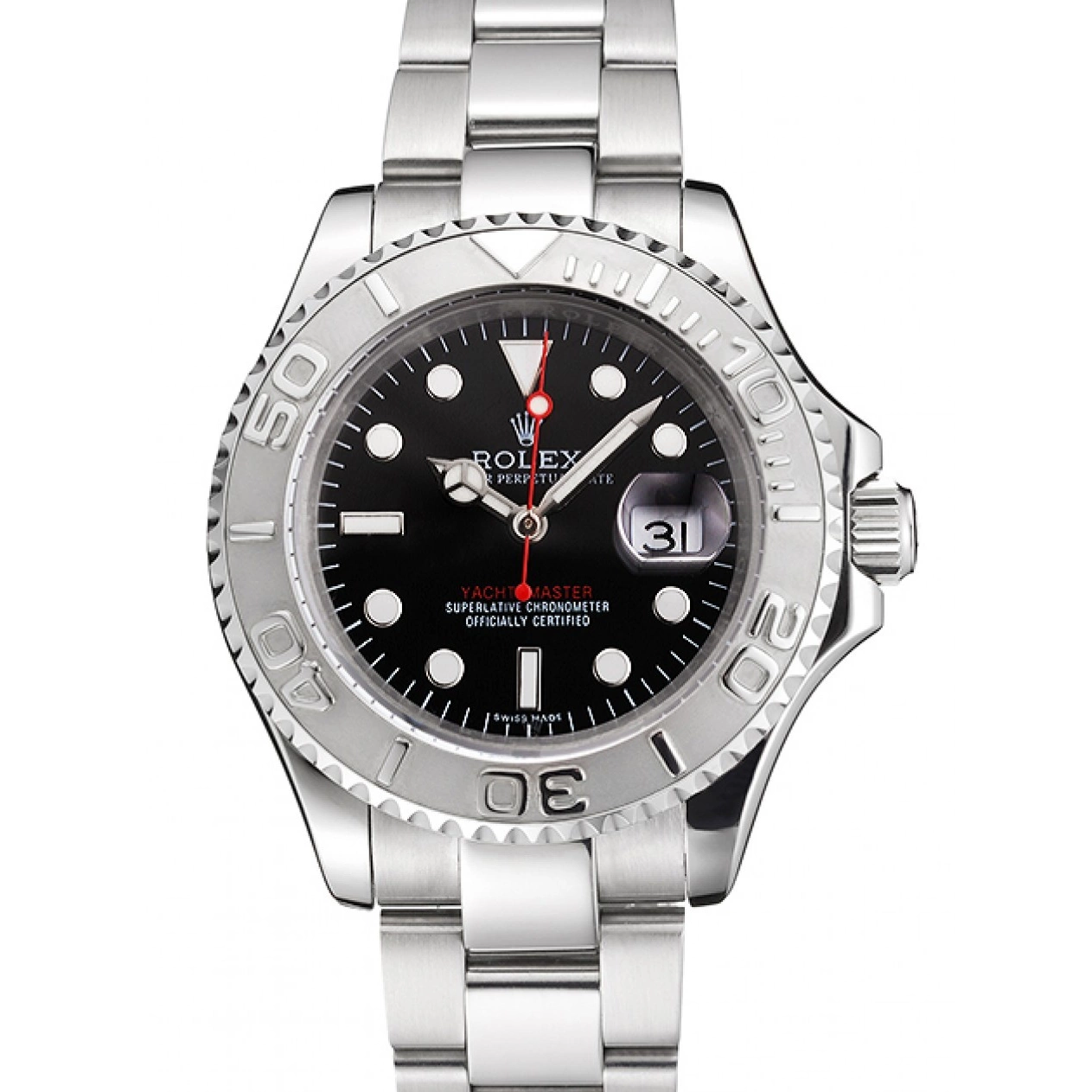 Case Bracelet Dial Stainless Rolex Black Yacht-Master Swiss Steel And 0628